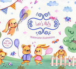 49张高清背景透明的北欧风水彩儿童生日派对专用PNG图片：Party Time Watercolor Co